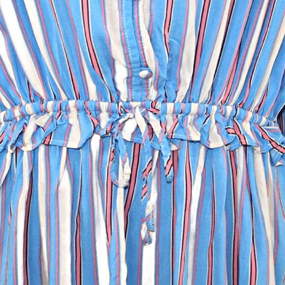 NEW Blue Coral Striped Button Down Drawstring Ruffle Waist Top Blouse Boho $44 - Picture 6 of 8